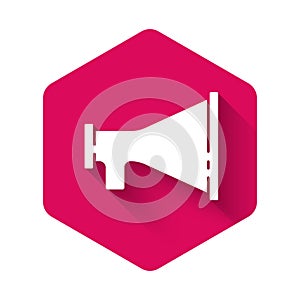 White Megaphone icon isolated with long shadow. Speaker sign. Pink hexagon button. Vector