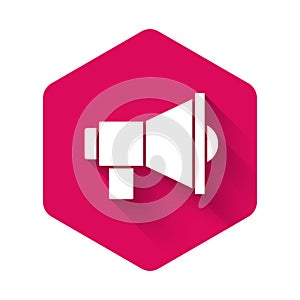 White Megaphone icon isolated with long shadow. Speaker sign. Pink hexagon button. Vector