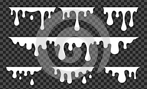 White melt drips, milk yogurt flowing drops. Vector graffiti paint drip blobs