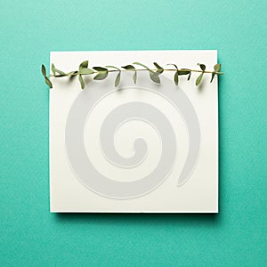 White memo pad, empty paper with eucalyptus leaves on mint green background