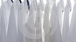 White men`s shirts on hangers in wardrobe