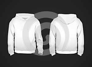 White men`s sweatshirt template with sample text front and back view. Hoodie for branding or advertising