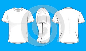 White mens t-shirt with short sleeves. Front, back, side view,0