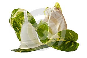 White menstrual cup with green leaves and little beige bag isolated in white background.