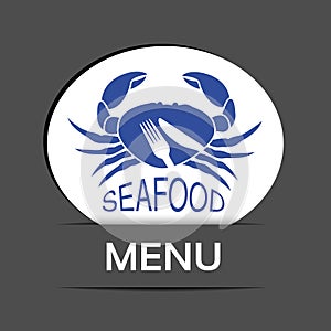 White menu label with crab silhouette and symbol of knife, fork. Seafood symbols on grey background for produkt design or menu res