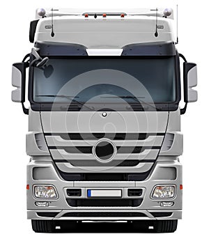 White Mercedes Actros truck front view.