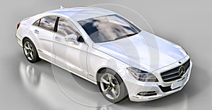 White Mercedes Benz CLS Coupe on a gray background. 3d rendering.