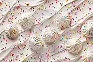 White meringues with colorful sprinkles on white background.