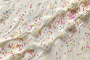 White meringues with colorful sprinkles on white background.