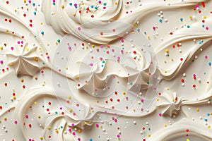 White meringues with colorful sprinkles on white background.