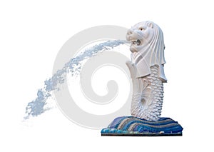 White Merlion fountain statue isolated on white background with clipping paths inside. Singapore City landmark and major tourist