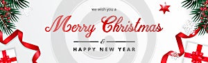 White Merry Christmas Banner, we wish you a merry christmas greeting, Realistic christmas background. Illustration.