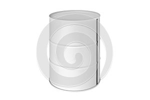 White metal barrel on white background isolated close up, oil drum, steel keg, tin canister, blank closed food or paint can