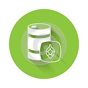 White Metal beer keg icon isolated with long shadow background. Green circle button. Vector