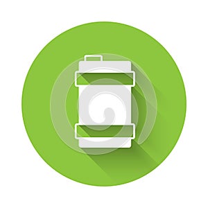 White Metal beer keg icon isolated with long shadow background. Green circle button. Vector