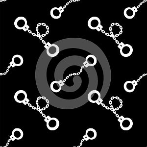 White Metal Handcuffs Seamless Pattern  on Black Background