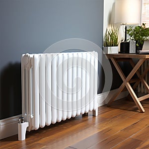 White metal heating radiator mounted on gray wall inside a room.