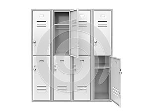 White metal locker with open doors. Two level compartment. 3d rendering illustration