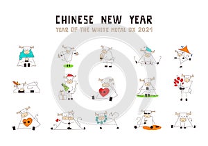 White metal ox. Symbol of Chinese New Year 2021. Smiling bull, cow. Set of vector illustrations in cartoon style