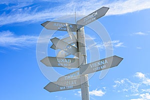 White metal signpost with the blank nameboards. Decision making concept