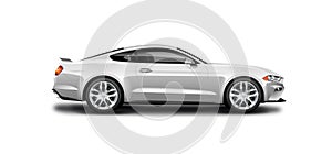 White Metallic Coupe Sporty Car On White Background. Side View With Isolated Path.