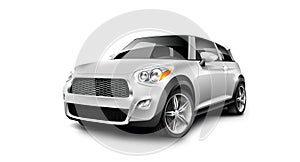 White Metallic Generic Compact Small Car On White Background With Isolated Path