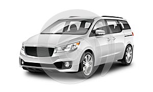 White Metallic Generic Minivan Car On White Background. Perspective view. 3d illustration With Isolated Path.