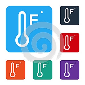 White Meteorology thermometer measuring heat and cold icon isolated on white background. Temperature Fahrenheit. Set