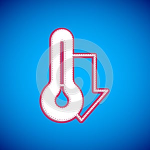 White Meteorology thermometer measuring icon isolated on blue background. Thermometer equipment showing hot or cold