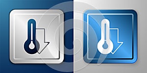 White Meteorology thermometer measuring icon isolated on blue and grey background. Thermometer equipment showing hot or