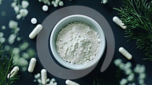 White Methylsulfonylmethane Powder in Ceramic Bowl on Dark Surface photo