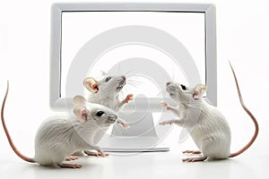 White mice on the background of a computer monitor with a white screen. Copy space