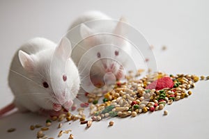 White mice eating bird seed on empty table