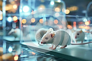 White mice in a medical scientific research laboratory. Laboratory experiments with animals