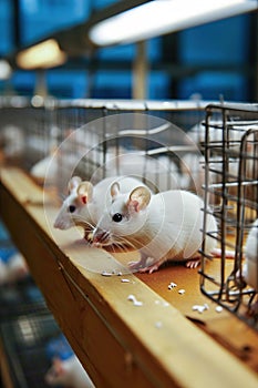 White mice in a medical scientific research laboratory. Laboratory experiments with animals