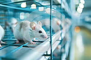 White mice in a medical scientific research laboratory. Laboratory experiments with animals