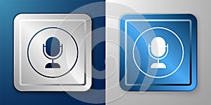 White Microphone icon isolated on blue and grey background. On air radio mic microphone. Speaker sign. Silver and blue