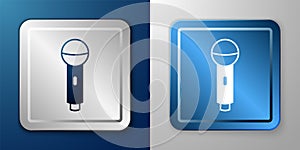 White Microphone icon isolated on blue and grey background. On air radio mic microphone. Speaker sign. Silver and blue