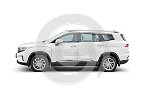 White mid-size crossover SUV car isolated on white. Side view of passenger utility vehicle