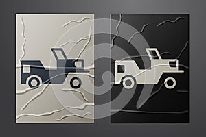 White Military jeep icon isolated on crumpled paper background. Paper art style. Vector