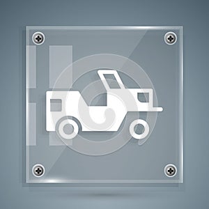 White Military jeep icon isolated on grey background. Square glass panels. Vector
