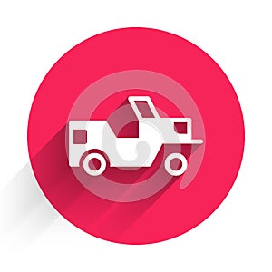 White Military jeep icon isolated with long shadow. Red circle button. Vector