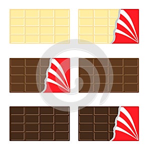 White, milk, dark chocolate bar icon set. Opened red wrapping paper foil . Tasty sweet dessert food. Rectangle shape Horizontal pi