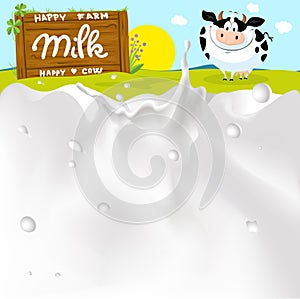 White Milk Splash on Farm Background With Cow, Green Field and Sun - Vector