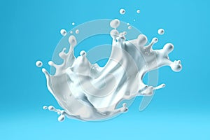 white milk or yogurt splash in wave shape isolated on blue background