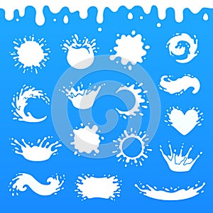 White milkshake splash, milk beverage drops, fresh milky yogurt splashes or natural dairy drop blots vector set