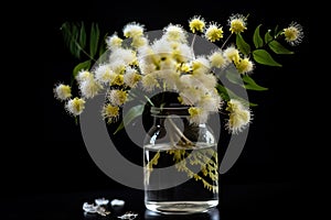 white mimosa blossoms in a jar on black background