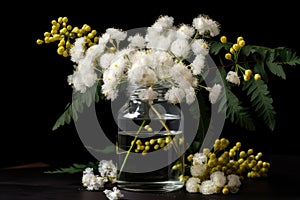white mimosa blossoms in a jar on black background