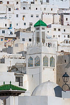 White minaret in the Tetouan city Medina, Morocco