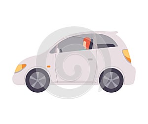 White Mini Car with Female Driver, Side View Vector Illustration